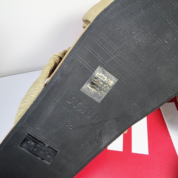 NWB STAUD Tan Ruching Criss Crossing Straps Women's Slip On Sandals Size 38 - Picture 8 of 9